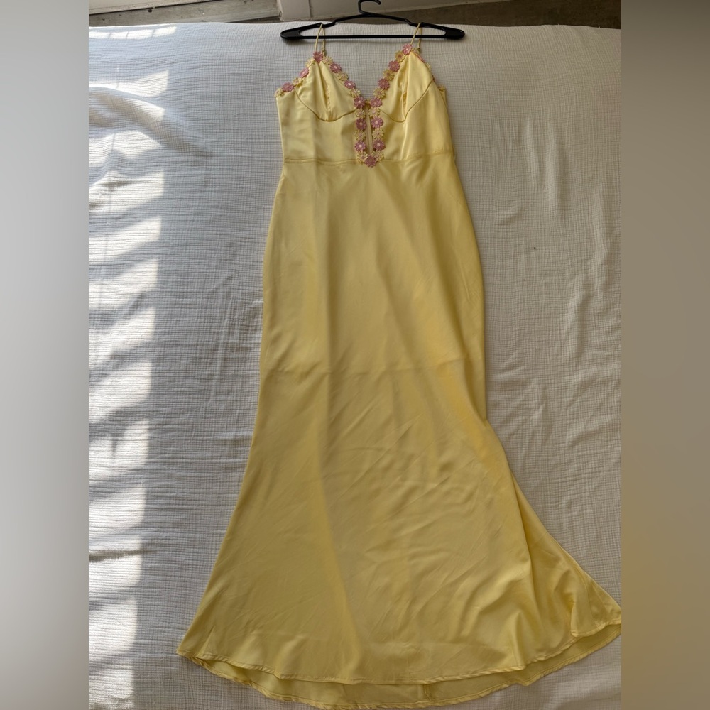 Yellow Satin Maxi Dress with Floral Details - One of a Kind!